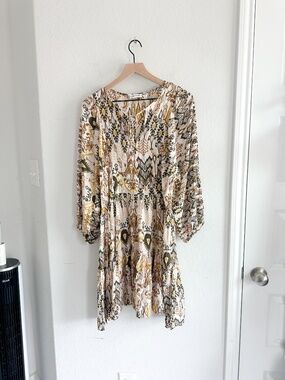 Calvin Klein Olive Mustard Ikat Geometric Boho Tiered Dress Size 12